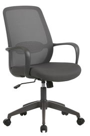 Grauer Drehstuhl mit Netzrückenlehne und Armlehnen, seitliche Perspektive