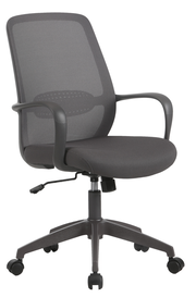 Grauer Drehstuhl mit Netzrückenlehne und Armlehnen, seitliche Perspektive