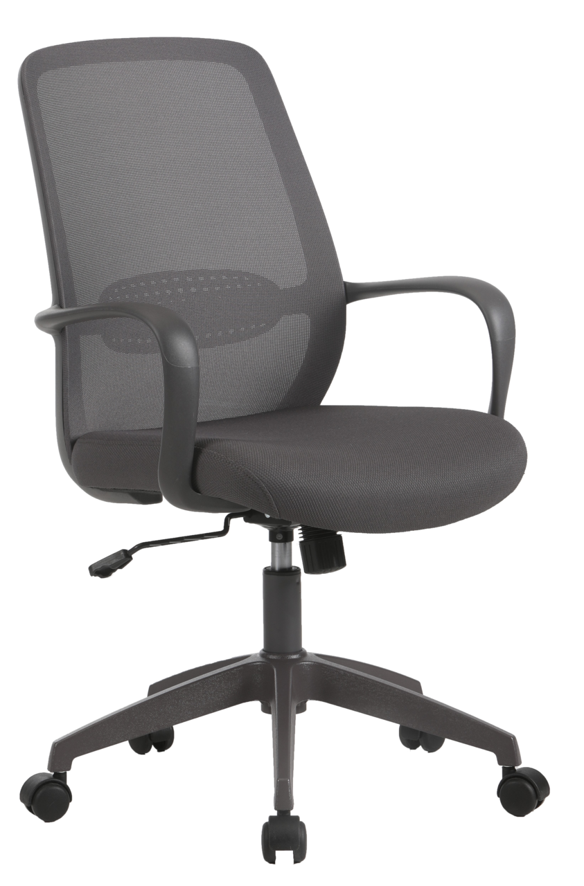 Grauer Drehstuhl mit Netzrückenlehne und Armlehnen, seitliche Perspektive