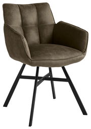 Moderner Armlehnstuhl mit olivgrünem Stoffbezug und schwarzem Metallgestell, seitliche Perspektive