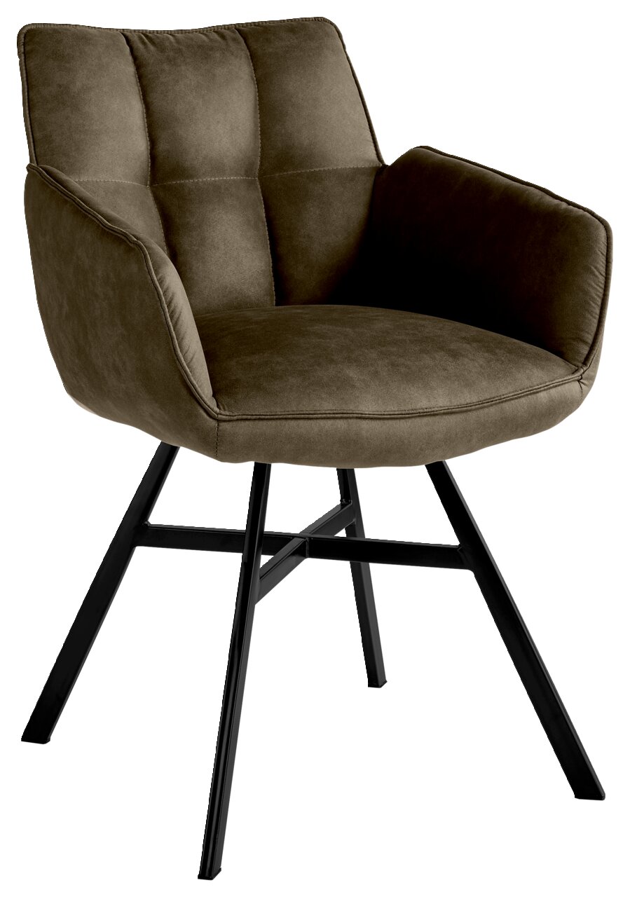 Set one by Musterring Armlehnstuhl FRISCO Moderner Armlehnstuhl mit olivgrünem Stoffbezug und schwarzem Metallgestell, seitliche Perspektive