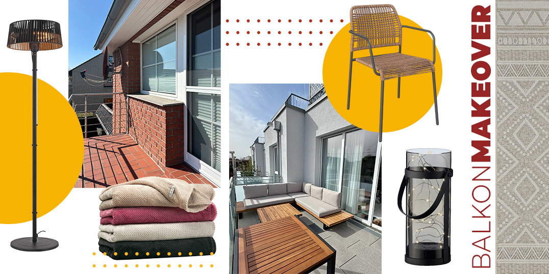 Balkonmake-over: collage van een selectie decoratieartikelen en foto’s van hoe de balkons er voorheen uitzagen, gemaakt door de twee influencers