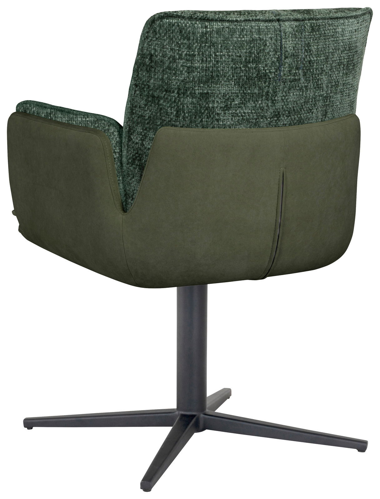 Rückansicht eines grünen Armlehnstuhls mit schwarzem Metallfuß, Modell ELLY
