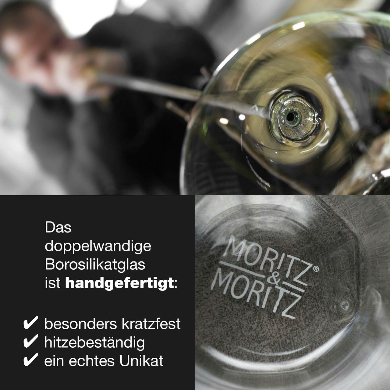 Nahaufnahme eines handgefertigten, doppelwandigen Borosilikatglases mit der Aufschrift 'Moritz & Moritz'. Perspektive von oben auf das Glas.