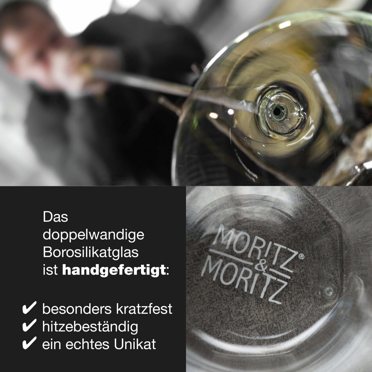 Close-up van een handgemaakt, dubbelwandig borosilicaatglas met het opschrift 'Moritz & Moritz'. Aanzicht van bovenaf op het glas.