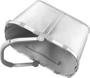Silberne Reisenthel Einkaufstasche mit Aluminiumrahmen, Reißverschlussfach und Tragegriff, schräg von oben in Seitenansicht fotografiert