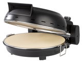 Pizza Maker 1800 Watt in seitlicher Perspektive mit geöffnetem Deckel und sichtbarem Pizzastein.