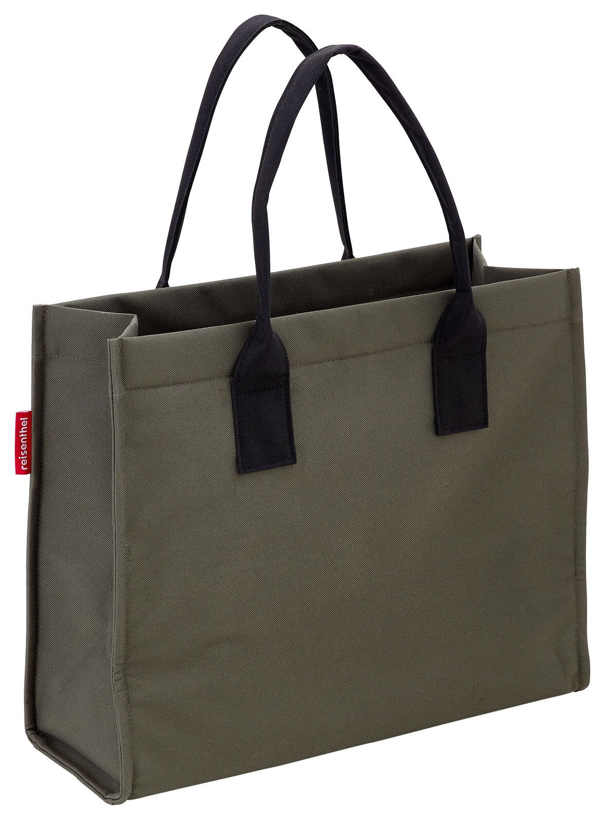 Graue Einkaufstasche mit schwarzen Henkeln, seitliche Perspektive