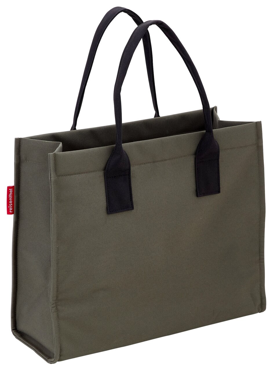Graue Einkaufstasche mit schwarzen Henkeln, seitliche Perspektive