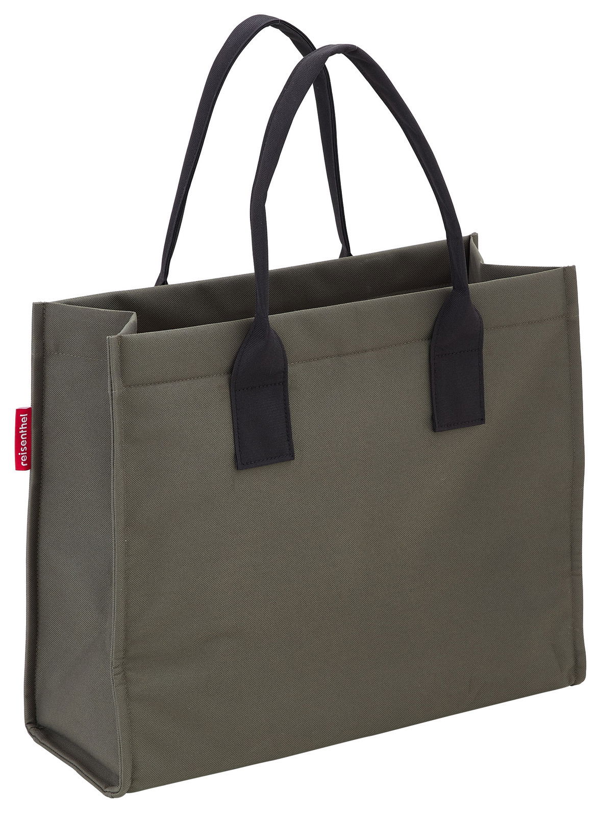 Graue Einkaufstasche mit schwarzen Henkeln, seitliche Perspektive