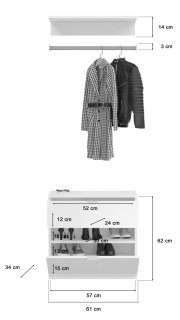 Garderobenkombination in Weiß, bestehend aus einer Wandablage mit Kleiderstange und einem Schuhschrank mit mehreren Fächern, frontal abgebildet.