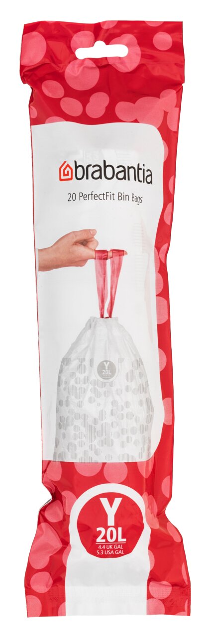 Verpackung von Brabantia 20 PerfectFit Müllbeuteln, 20 Liter, Vorderansicht mit rotem Design und Hand, die einen Beutel hält.