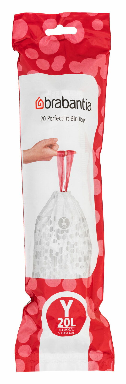 Verpackung von Brabantia 20 PerfectFit Müllbeuteln, 20 Liter, Vorderansicht mit rotem Design und Hand, die einen Beutel hält.