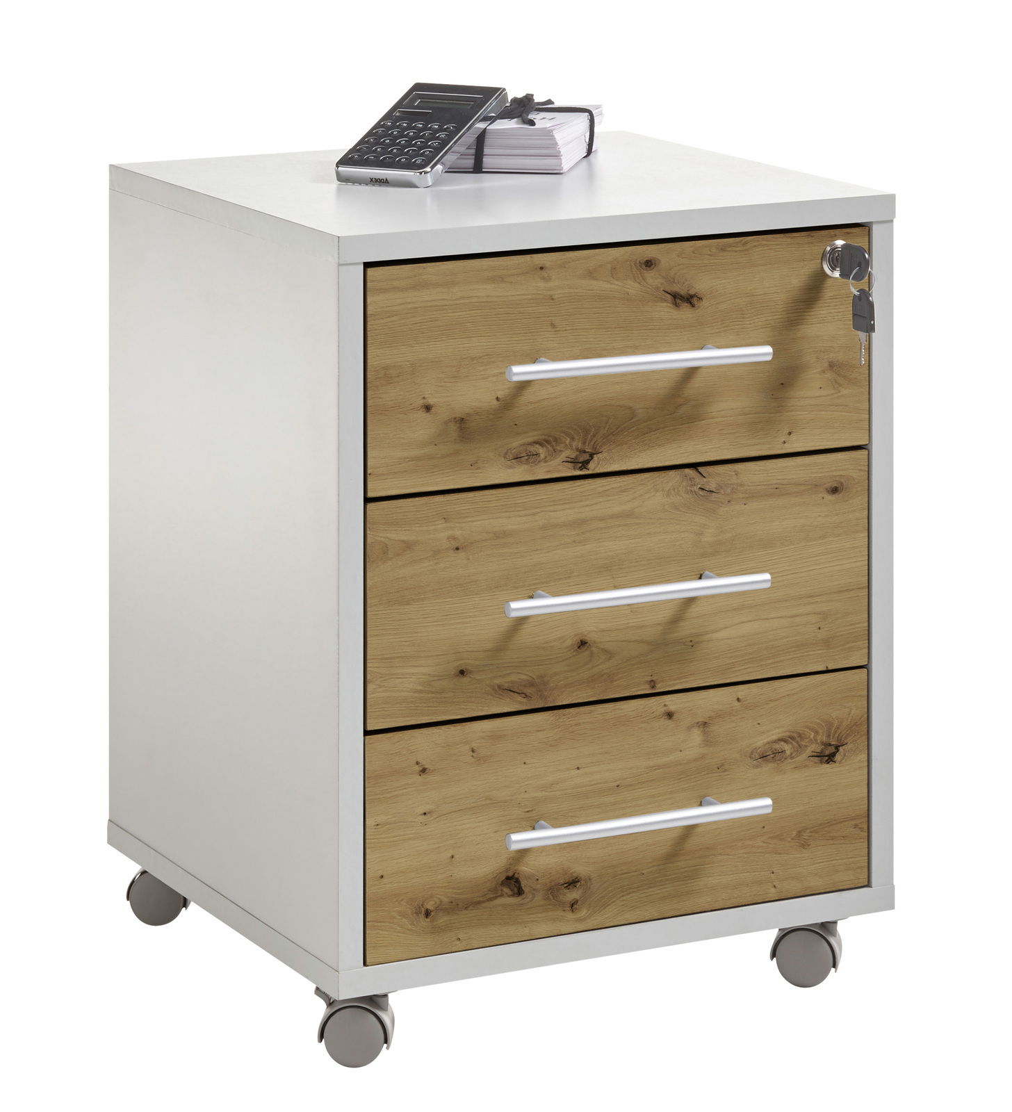 Rollcontainer mit drei Schubladen in Holzoptik, weißem Korpus und Rollen, seitliche Perspektive