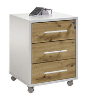 Rollcontainer mit drei Schubladen in Holzoptik, weißem Korpus und Rollen, seitliche Perspektive