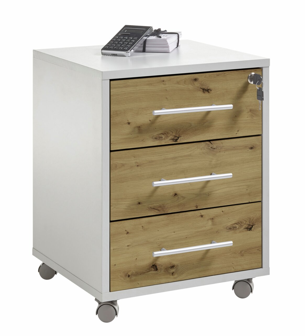 XORA Rollcontainer FINITO Rollcontainer mit drei Schubladen in Holzoptik, weißem Korpus und Rollen, seitliche Perspektive