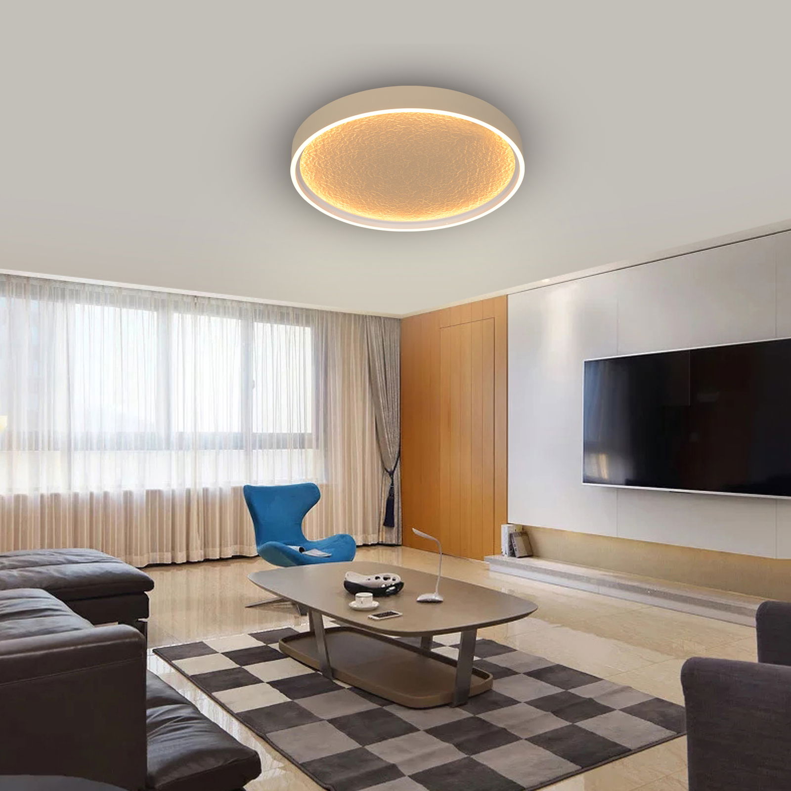 Geeti LED-Deckenleuchte BORMES LED-Deckenleuchte in einem modernen Wohnzimmer, von unten betrachtet, mit warmem Lichtschein.