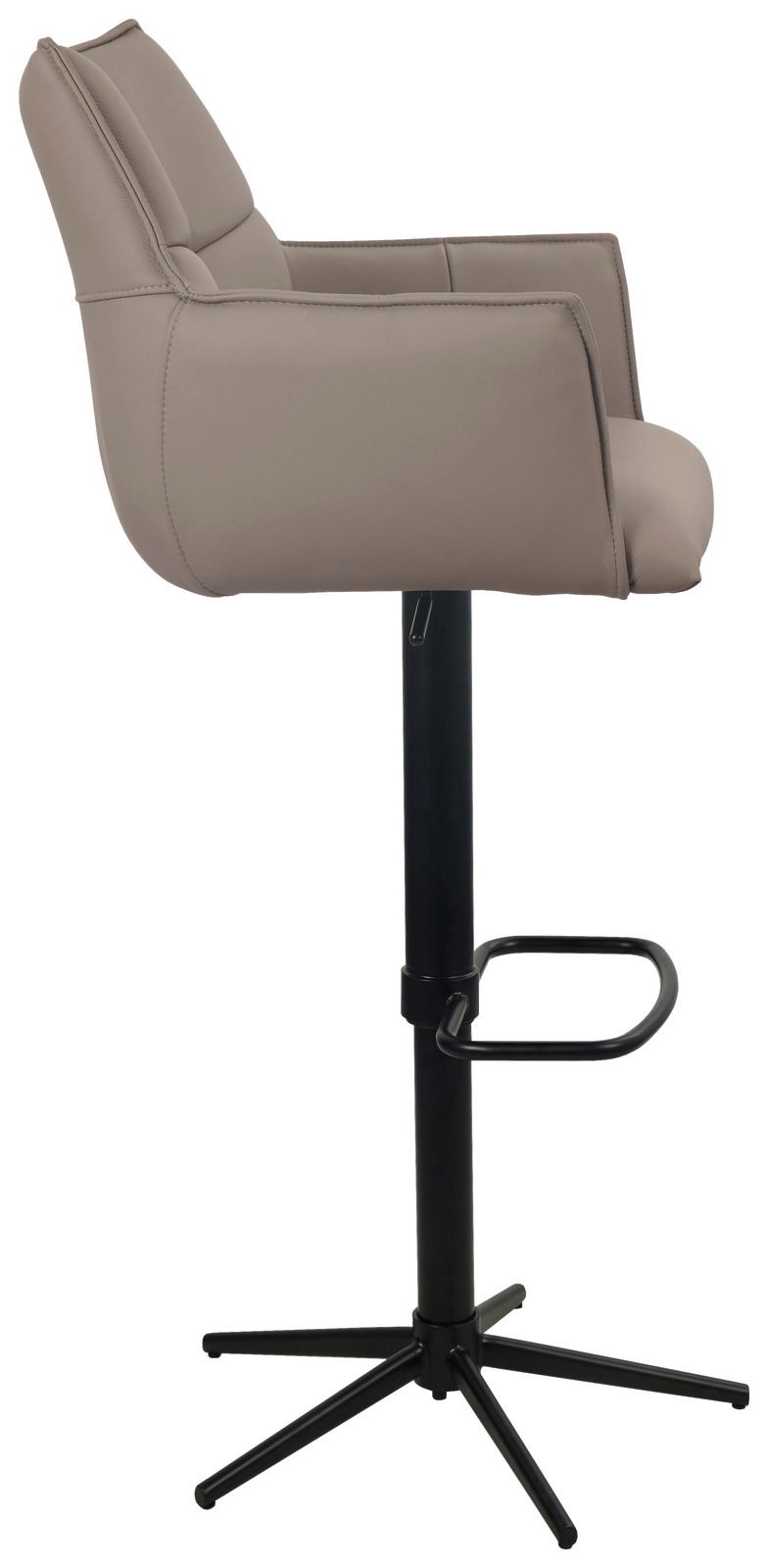 Seitenansicht eines modernen Barstuhls mit gepolstertem Sitz und Rückenlehne in Beige, schwarzem Metallgestell und Fußstütze.