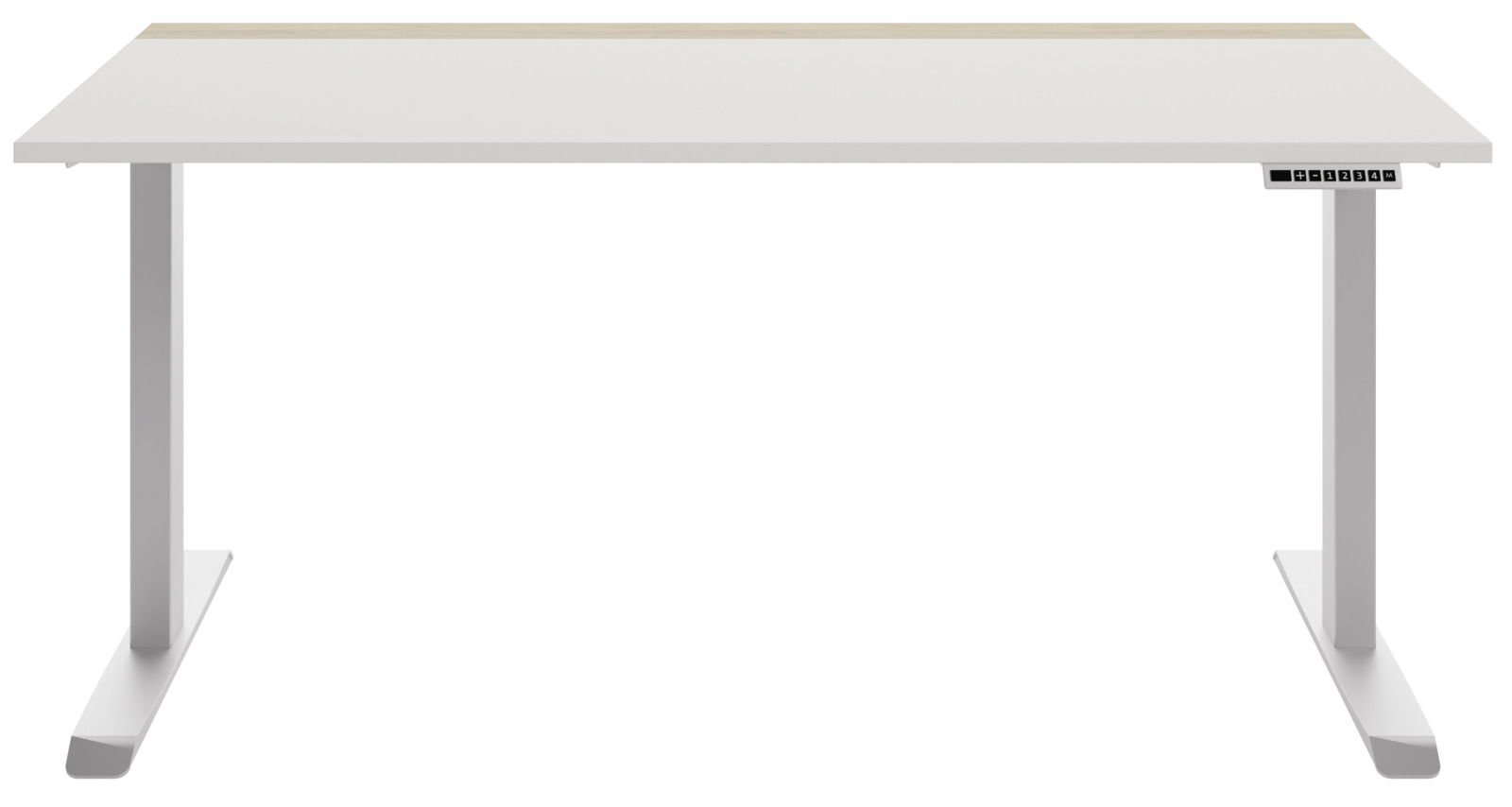 Moderner E-Schreibtisch in Frontalansicht mit weißer Tischplatte und integriertem Bedienfeld.