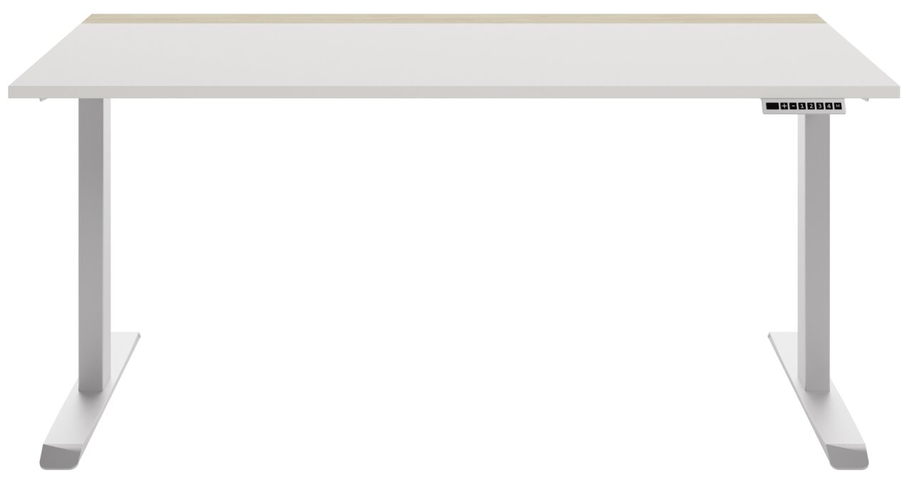 Moderner E-Schreibtisch in Frontalansicht mit weißer Tischplatte und integriertem Bedienfeld.