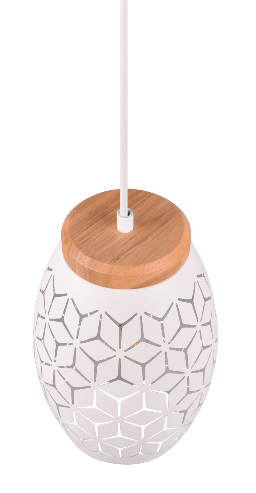 Moderne Pendelleuchte mit weißem, geometrisch durchbrochenem Schirm und Holzdetail, von oben betrachtet.