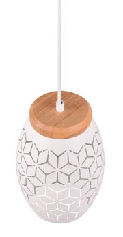 Moderne Pendelleuchte mit weißem, geometrisch durchbrochenem Schirm und Holzdetail, von oben betrachtet.