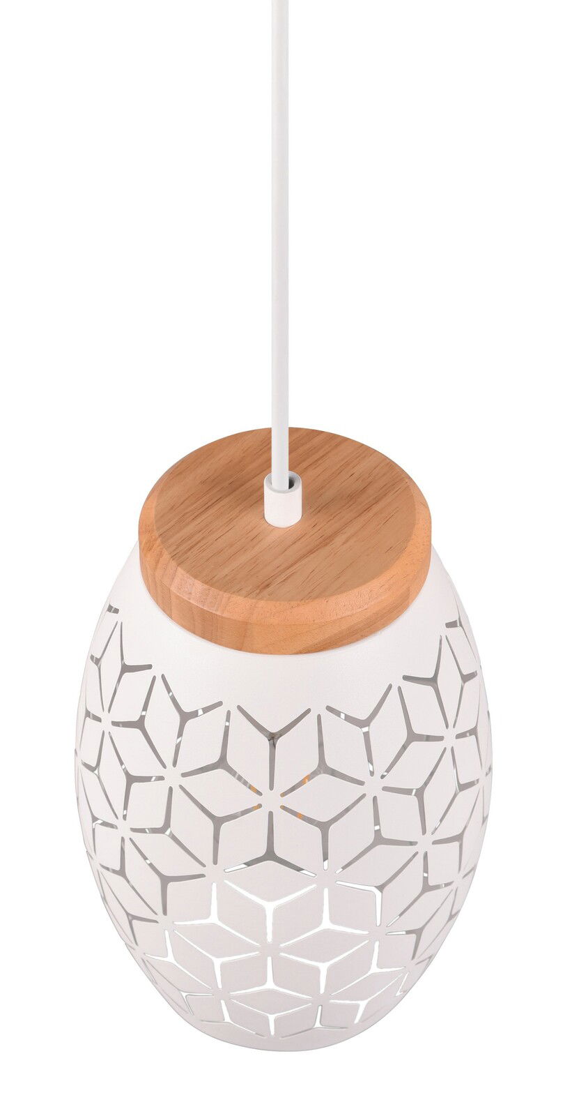 Moderne Pendelleuchte mit weißem, geometrisch durchbrochenem Schirm und Holzdetail, von oben betrachtet.