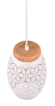 Moderne Pendelleuchte mit weißem, geometrisch durchbrochenem Schirm und Holzdetail, von oben betrachtet.