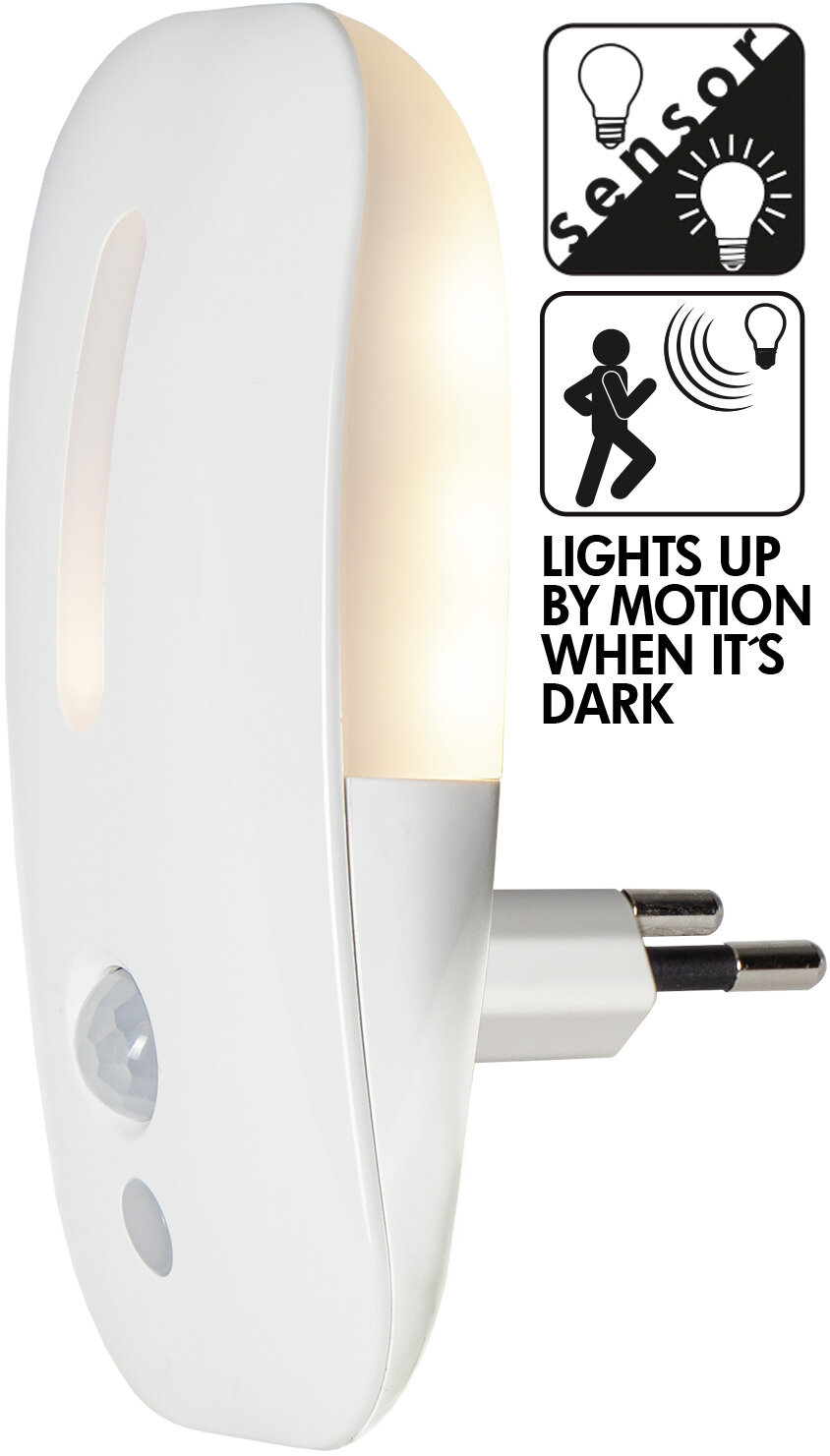 Weißes LED-Nachtlicht für die Steckdose mit Bewegungs- und Dämmerungssensor, seitliche Ansicht (3/4-Perspektive) mit warmweiß leuchtender Lichtfläche und Eurostecker.