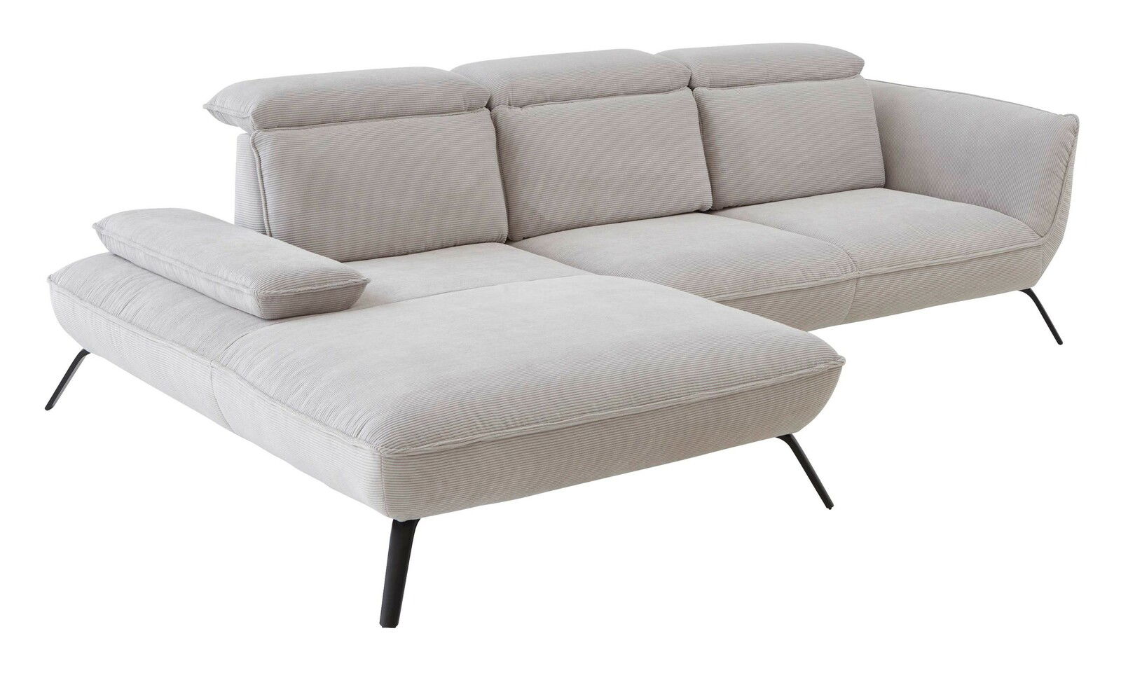 Graue Longchairkombination mit verstellbaren Kopfstützen und schwarzen Metallbeinen, seitliche Perspektive