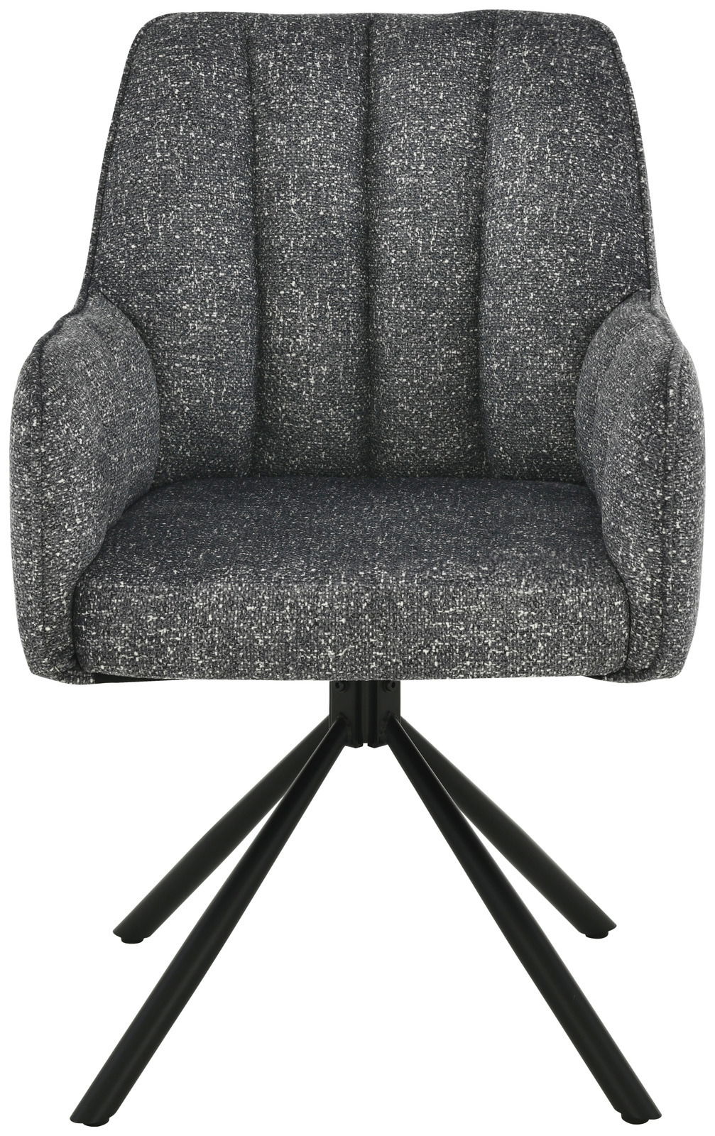 Grauer Armlehnstuhl mit gepolstertem Sitz und Rückenlehne, auf schwarzem Metallgestell, Frontalansicht.