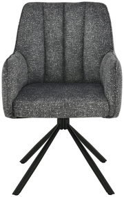 Grauer Armlehnstuhl mit gepolstertem Sitz und Rückenlehne, auf schwarzem Metallgestell, Frontalansicht.