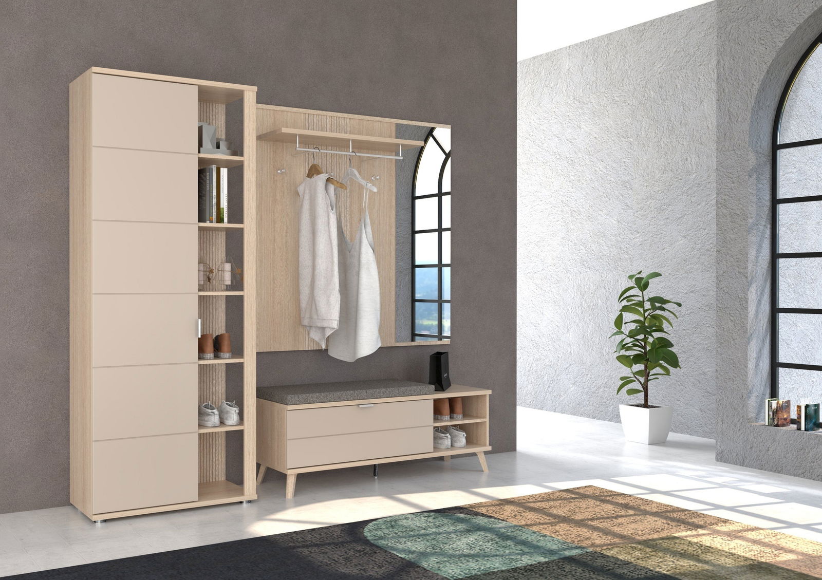 Moderne Garderobeneinrichtung in heller Holzoptik mit Schrank, Spiegel, Garderobenpaneel und Sitzbank, seitliche Perspektive.