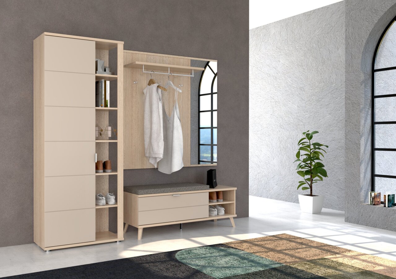 Moderne Garderobeneinrichtung in heller Holzoptik mit Schrank, Spiegel, Garderobenpaneel und Sitzbank, seitliche Perspektive.