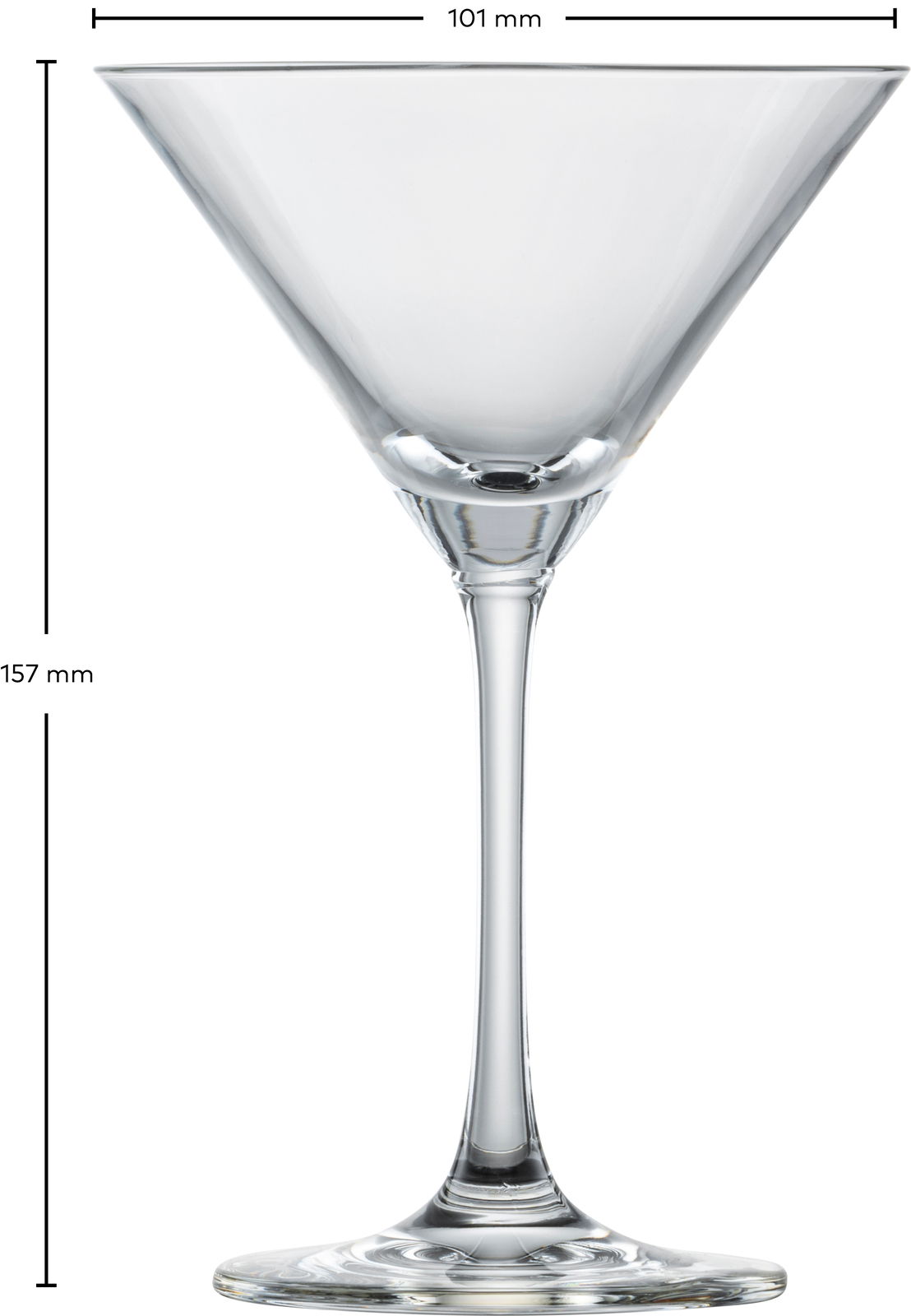 Martiniglas aus klarem Glas, seitliche Ansicht mit Maßen 101 mm Durchmesser und 157 mm Höhe.