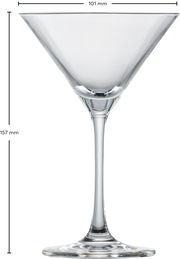 Martiniglas aus klarem Glas, seitliche Ansicht mit Maßen 101 mm Durchmesser und 157 mm Höhe.