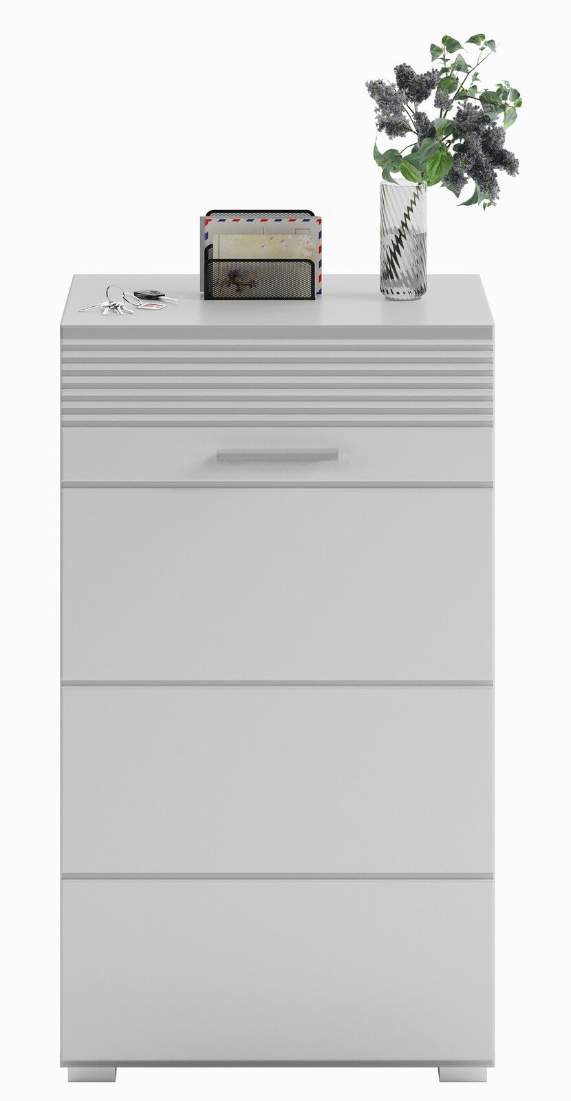 Weiße Schuhkommode mit drei Schubladen, dekoriert mit einer Vase und einem Briefhalter, Frontalansicht