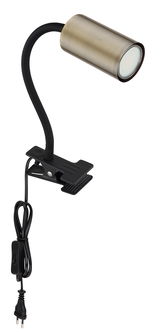 Klemmstrahler aus Metall in Altmessing-Optik mit flexiblem Hals und schwarzem Kabel, seitliche Perspektive