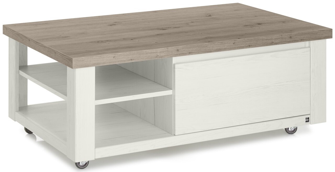 Set one by Musterring Couchtisch SET ONE YORK Moderner Couchtisch mit Holzoptik, weißem Gestell und Rollen, seitliche Perspektive