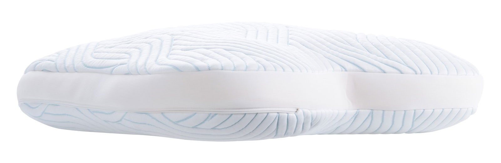 Seitliche Ansicht eines ergonomischen Schlafkissens mit strukturierter Oberfläche und weißem Bezug.