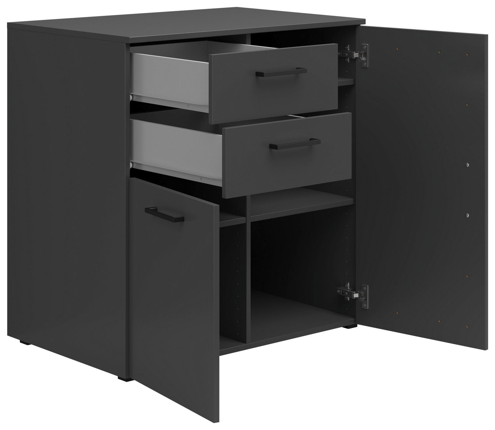 Schwarze Kommode mit zwei offenen Schubladen und zwei offenen Türen, Perspektive von vorne rechts
