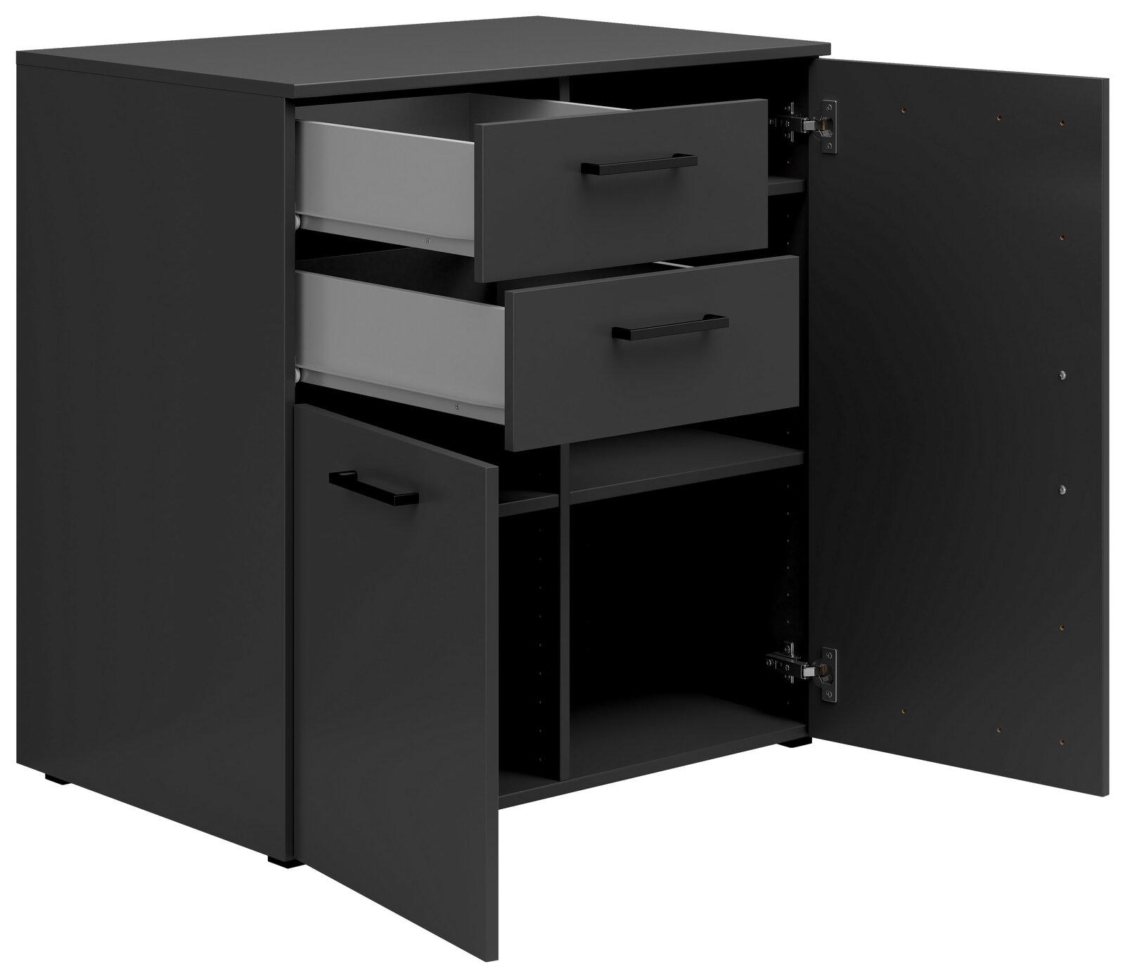 Schwarze Kommode mit zwei offenen Schubladen und zwei offenen Türen, Perspektive von vorne rechts
