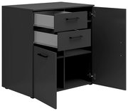 Schwarze Kommode mit zwei offenen Schubladen und zwei offenen Türen, Perspektive von vorne rechts