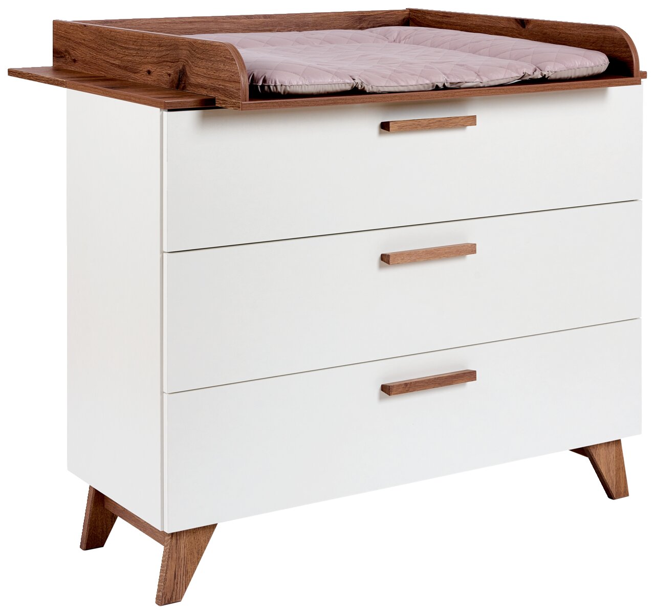 Weiße Wickelkommode mit drei Schubladen und Holzdetails, seitliche Perspektive