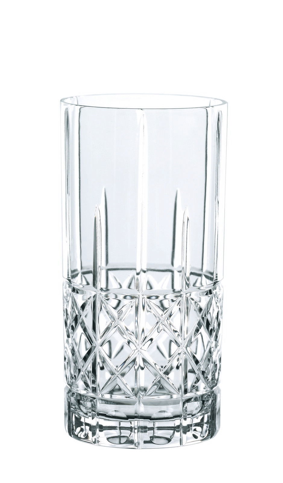 Hochwertiges Longdrinkglas mit elegantem Schliffmuster, frontal abgebildet.