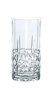 Hochwertiges Longdrinkglas mit elegantem Schliffmuster, frontal abgebildet.