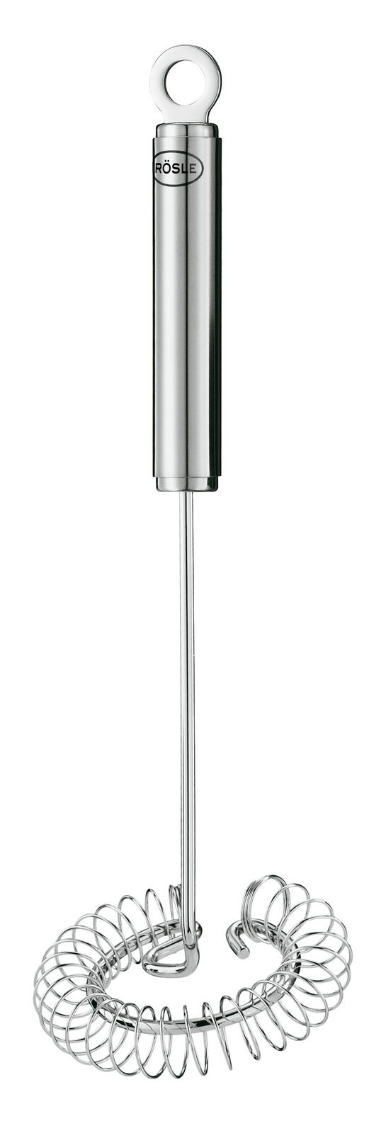 Spiralbesen aus Edelstahl, 22 cm, mit ergonomischem Griff und Aufhängeöse, seitliche Perspektive