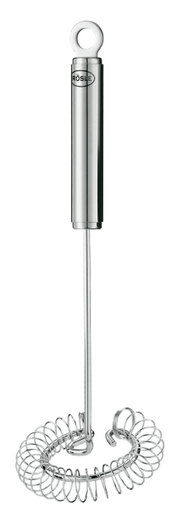Spiralbesen aus Edelstahl, 22 cm, mit ergonomischem Griff und Aufhängeöse, seitliche Perspektive