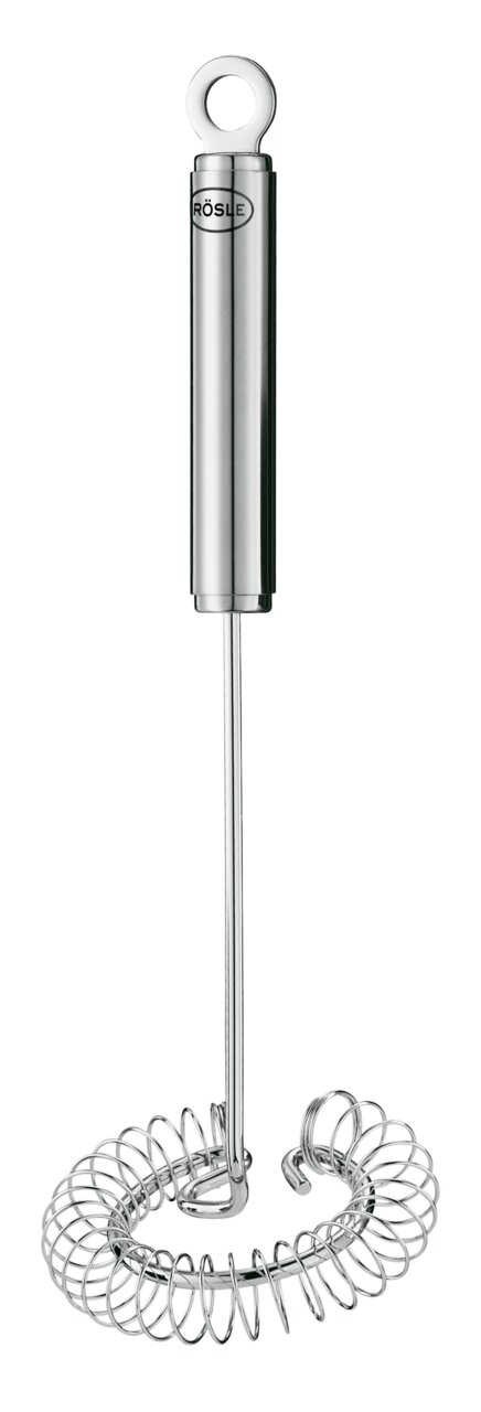 Spiralbesen aus Edelstahl, 22 cm, mit ergonomischem Griff und Aufhängeöse, seitliche Perspektive