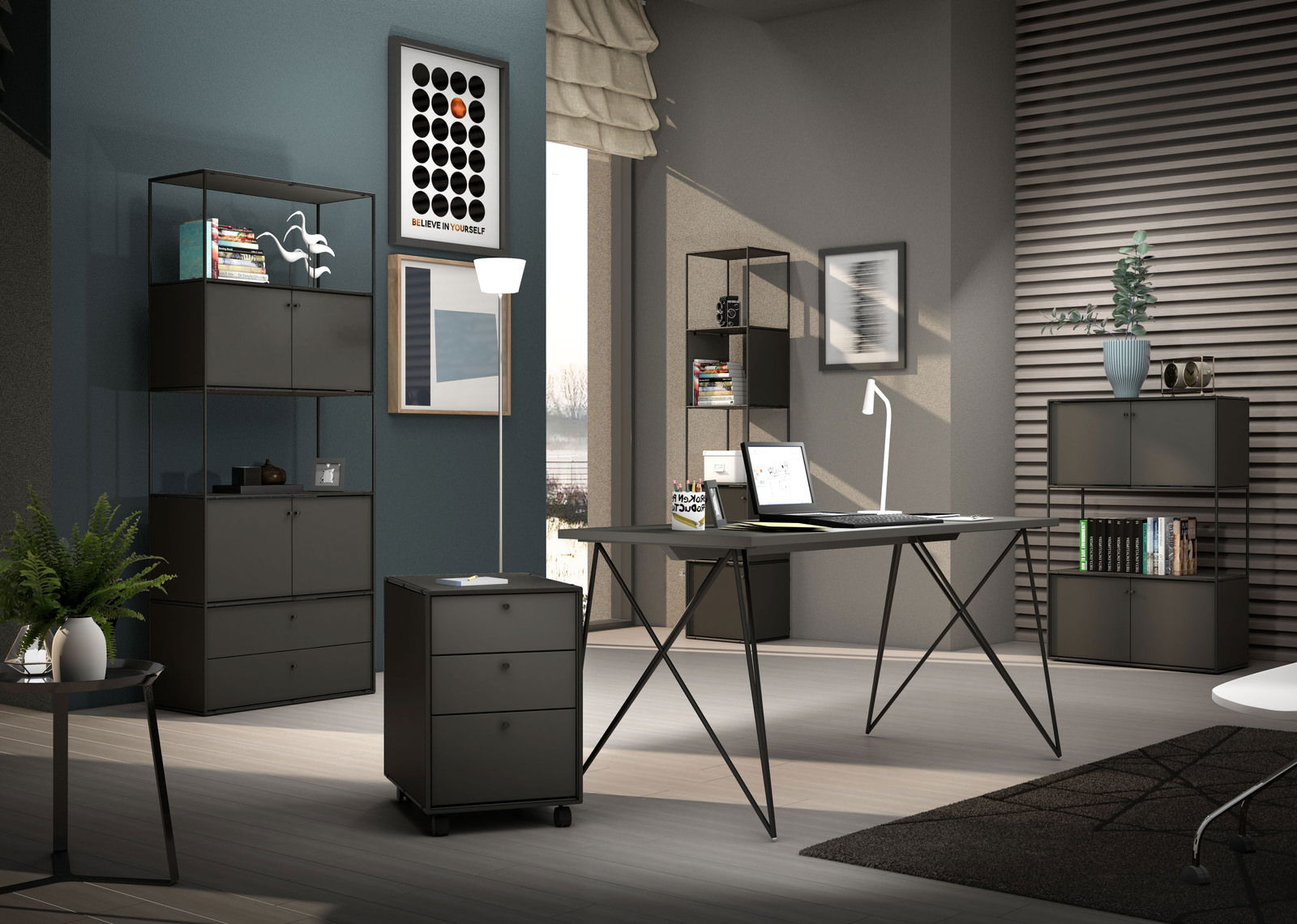 Novel Highboard BRERA OFFICE Moderner Büroraum mit Winkelschreibtisch, Rollcontainer und mehreren Aktenregalen, seitliche Perspektive